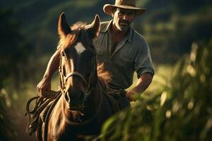 un masculino granjero es montando un caballo en el bosque en el tiempo de día con generativo ai foto