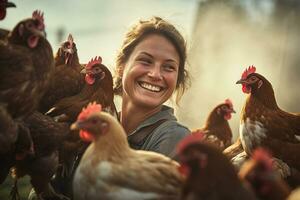 hembra granjero en pollo granja en el tiempo de día con generativo ai foto