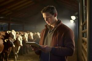 un hombre participación un tableta a cheque producción en un vacas granja con generativo ai foto