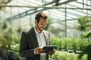 Male businessman holds a tablet to monitor agricultural production in a nursery with Generative AI photo