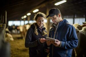 Pareja participación un tableta a cheque producción en un vacas granja con generativo ai foto