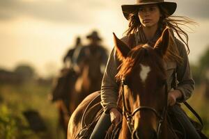 A female farmer is riding a horse in the forest in the daytime with Generative AI photo