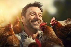 male farmer on chicken farm in the daytime with Generative AI photo