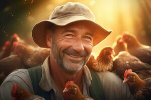 masculino granjero en pollo granja en el tiempo de día con generativo ai foto