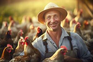 masculino granjero en pollo granja en el tiempo de día con generativo ai foto