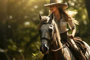 un hembra granjero es montando un caballo en el bosque en el tiempo de día con generativo ai foto