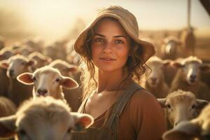 Female farmer on sheep farm in the daytime with Generative AI photo