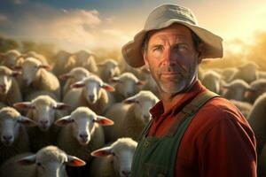 male farmer on sheep farm in the daytime with Generative AI photo