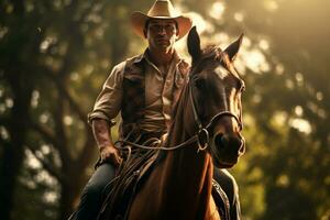 un masculino granjero es montando un caballo en el bosque en el tiempo de día con generativo ai foto