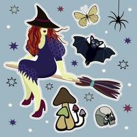 Magic sticker set. Young witch, bat, butterfly, spider, toxic mushrooms and skull surrounded with stars vector