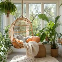 Designer hanging chair near tropical houseplants interior design, AI Generative photo