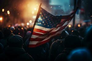 ai generativo, un americano bandera ondulación en el viento a un protesta o reunión foto