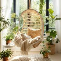 Designer hanging chair near tropical houseplants interior design, AI Generative photo