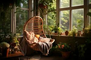 Designer hanging chair near tropical houseplants interior design, AI Generative photo