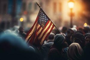 ai generativo, un americano bandera ondulación en el viento a un protesta o reunión foto