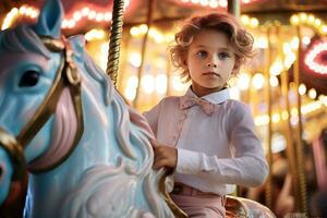 A happy young boy expressing excitement while on a colorful carousel, AI Generative photo