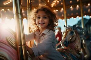 A happy young boy expressing excitement while on a colorful carousel, AI Generative photo