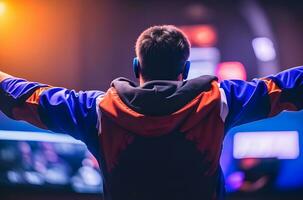 esports jugador, experimentando alegría y satisfacción después un difícil luchado victoria. ai generativo foto