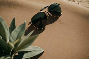 de moda elegante y moderno Gafas de sol mentira en el de madera mesa, ai generativo foto