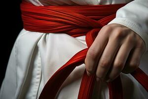 medio sección de masculino marcial artista vistiendo rojo obi cinturón, ai generativo foto