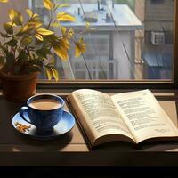 café y leyendo a el ventana con vista a un paisaje urbano, ai generativo foto