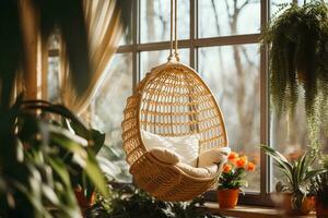 Designer hanging chair near tropical houseplants interior design, AI Generative photo