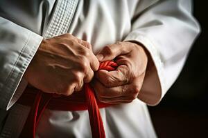 Mid section of male martial artist wearing red obi belt, AI Generative photo