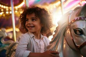 A happy young boy expressing excitement while on a colorful carousel, AI Generative photo