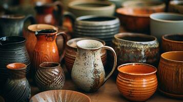 AI generated Generative AI, crafted pottery, still life of hand made pottery and ceramic bowls, hobby and leisure concept photo