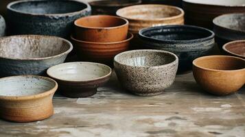 AI generated Generative AI, crafted pottery, still life of hand made pottery and ceramic bowls, hobby and leisure concept photo