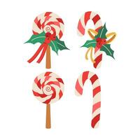 Set of Christmas lollipop, stick, with ribbon, berries, and mistletoe leaves. Winter holiday elements. vector