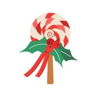 Christmas lollipop with ribbon, berries, and mistletoe leaves. Winter holiday element. vector