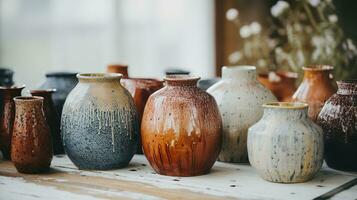 AI generated Generative AI, crafted pottery, still life of hand made pottery and ceramic bowls, hobby and leisure concept photo