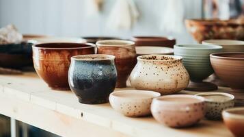 AI generated Generative AI, crafted pottery, still life of hand made pottery and ceramic bowls, hobby and leisure concept photo