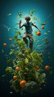 AI generated Young man jumping with vegetables flying around him on a blue vertical background. photo