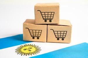 Box with shopping online cart logo and Argentina flag, Import Export Shopping online or commerce finance delivery service store product shipping, trade, supplier concept. photo