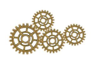 Gear and cogs wheels isolated on a white background, clock mechanism, brass metal engine industrial. photo