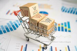 Shopping cart logo on box on graph. Banking Account, Investment economy, trading, Business import export transportation online. photo