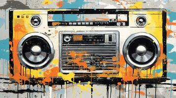 AI generated Generative AI, Grunge audio recorder, pop art graffiti, vibrant color. Ink melted paint street art on a textured paper vintage background photo