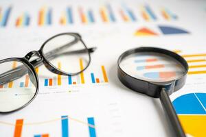 Eyeglass with calculator on chart graph paper. Finance, account, statistic, investment data economy, stock exchange business. photo