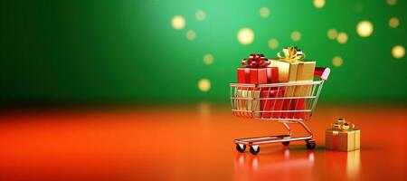 AI generated Generative AI, shopping cart with many gift boxes on red and green background with glittered bokeh, Christmas concept, discount and sale. photo