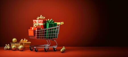 AI generated Generative AI, shopping cart with many gift boxes on red and green background with glittered bokeh, Christmas concept, discount and sale. photo