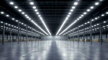 AI generated Generative AI, Warehouse interior with LED lighting, industry building, distribution retail center, part of storage and shipping system photo