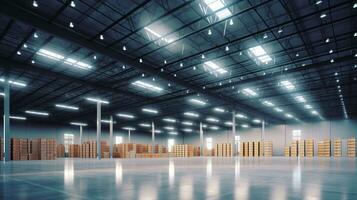 AI generated Generative AI, Warehouse interior with LED lighting, industry building, distribution retail center, part of storage and shipping system photo