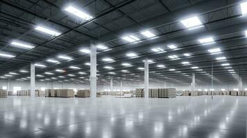 AI generated Generative AI, Warehouse interior with LED lighting, industry building, distribution retail center, part of storage and shipping system photo