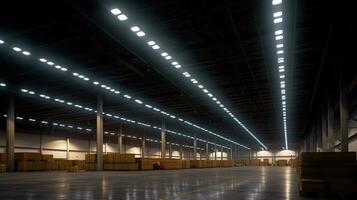 AI generated Generative AI, Warehouse interior with LED lighting, industry building, distribution retail center, part of storage and shipping system photo