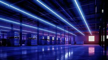 AI generated Generative AI, Warehouse interior with LED lighting, industry building, distribution retail center, part of storage and shipping system photo
