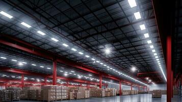 AI generated Generative AI, Warehouse interior with LED lighting, industry building, distribution retail center, part of storage and shipping system photo