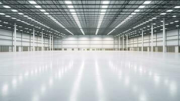 AI generated Generative AI, Warehouse interior with LED lighting, industry building, distribution retail center, part of storage and shipping system photo