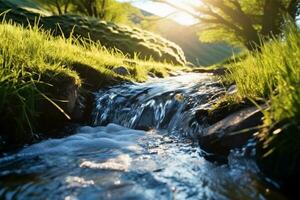 ai generado primavera antecedentes corriente de agua en el bosque. generativo ai. foto